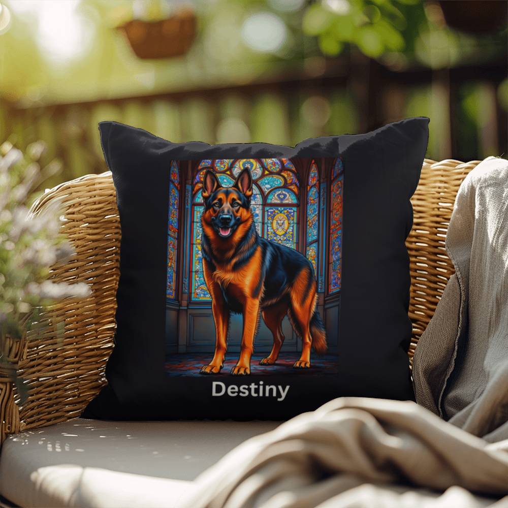 Black & Red German Shepherd Stained Glass Pillow, custom dog art gift for pet lovers