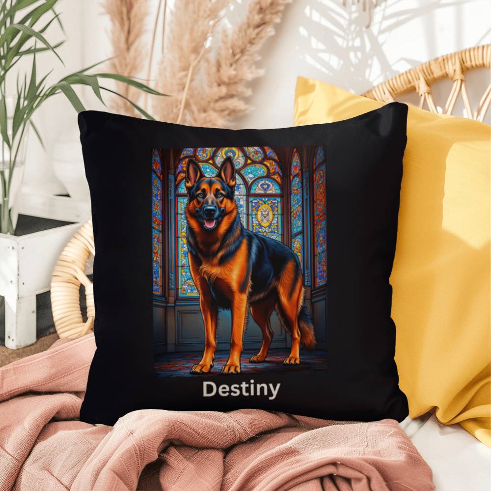 Black & Red German Shepherd Stained Glass Pillow, custom dog art gift for pet lovers