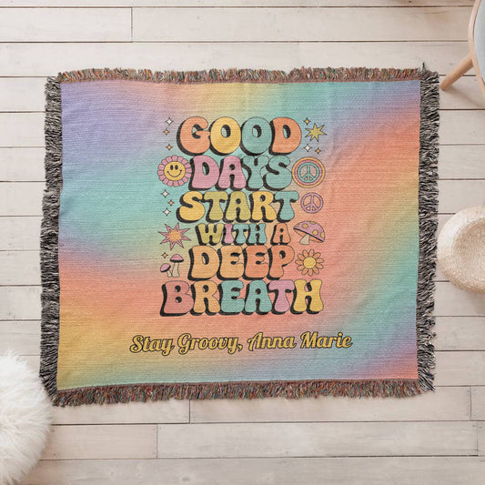 Good Days Start with a Deep Breath - Personalized Woven Blanket, Mental Health Support Throw - MySisterIsASurvivor
