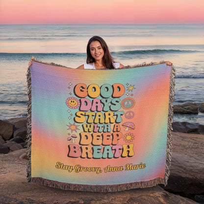 Good Days Start with a Deep Breath - Personalized Woven Blanket, Mental Health Support Throw - MySisterIsASurvivor