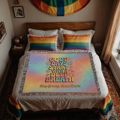 Good Days Start with a Deep Breath - Personalized Woven Blanket, Mental Health Support Throw - MySisterIsASurvivor