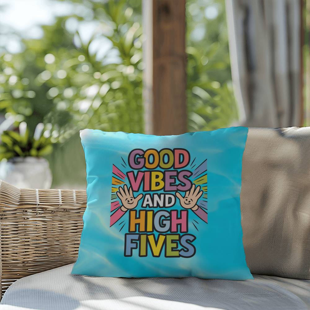 "Good Vibes And High Fives" indoor/outdoor pillow, mental health support cushion for self-care and anxiety relief.