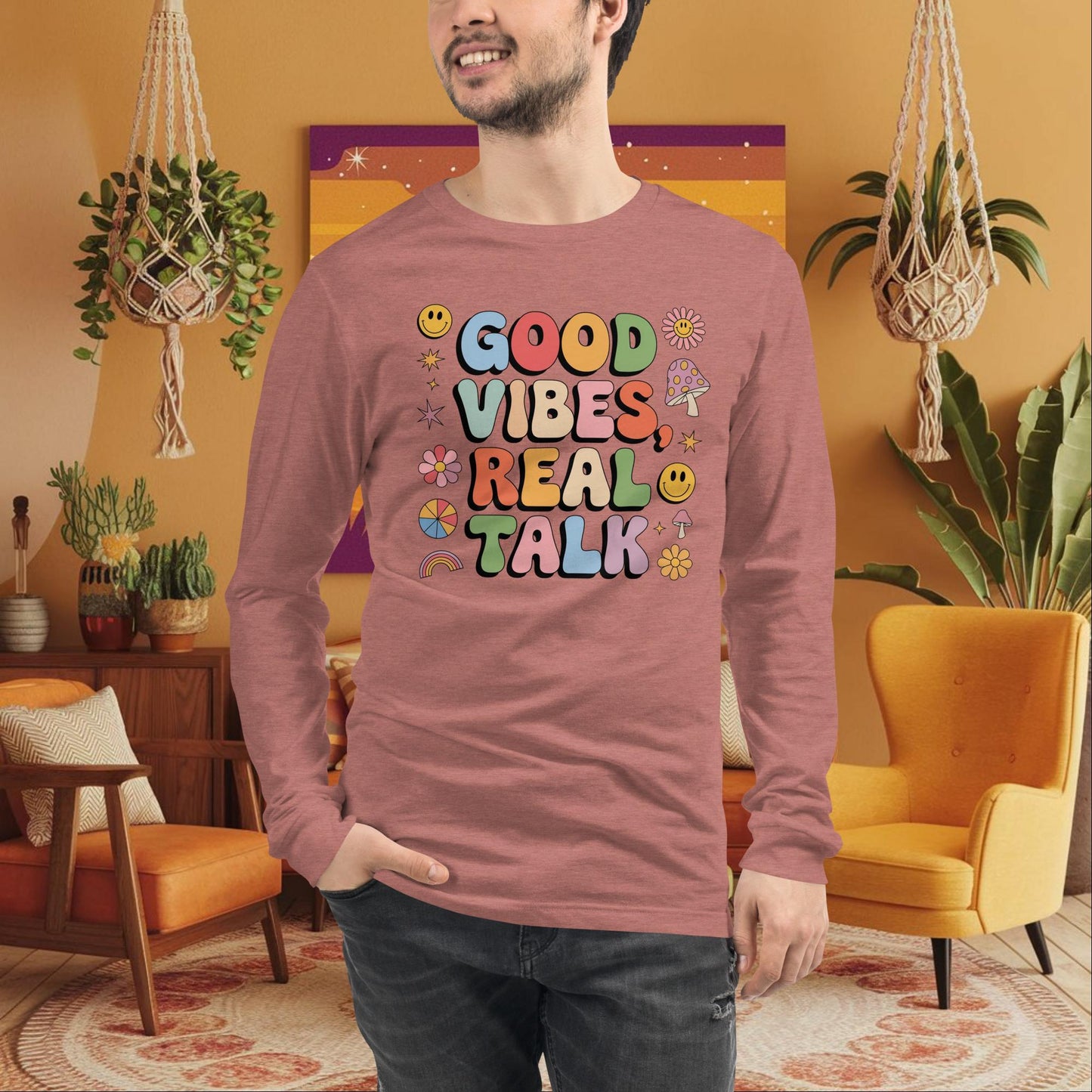 Good Vibes, Real Talk - Long Sleeve Tee, Retro Style Shirt for Positivity & Emotional Support - MySisterIsASurvivor