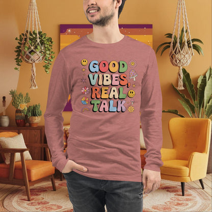 Good Vibes, Real Talk - Long Sleeve Tee, Retro Style Shirt for Positivity & Emotional Support - MySisterIsASurvivor