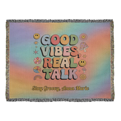 Good Vibes Real Talk - Personalized Woven Blanket, Retro Mental Wellness Throw for Home - MySisterIsASurvivor