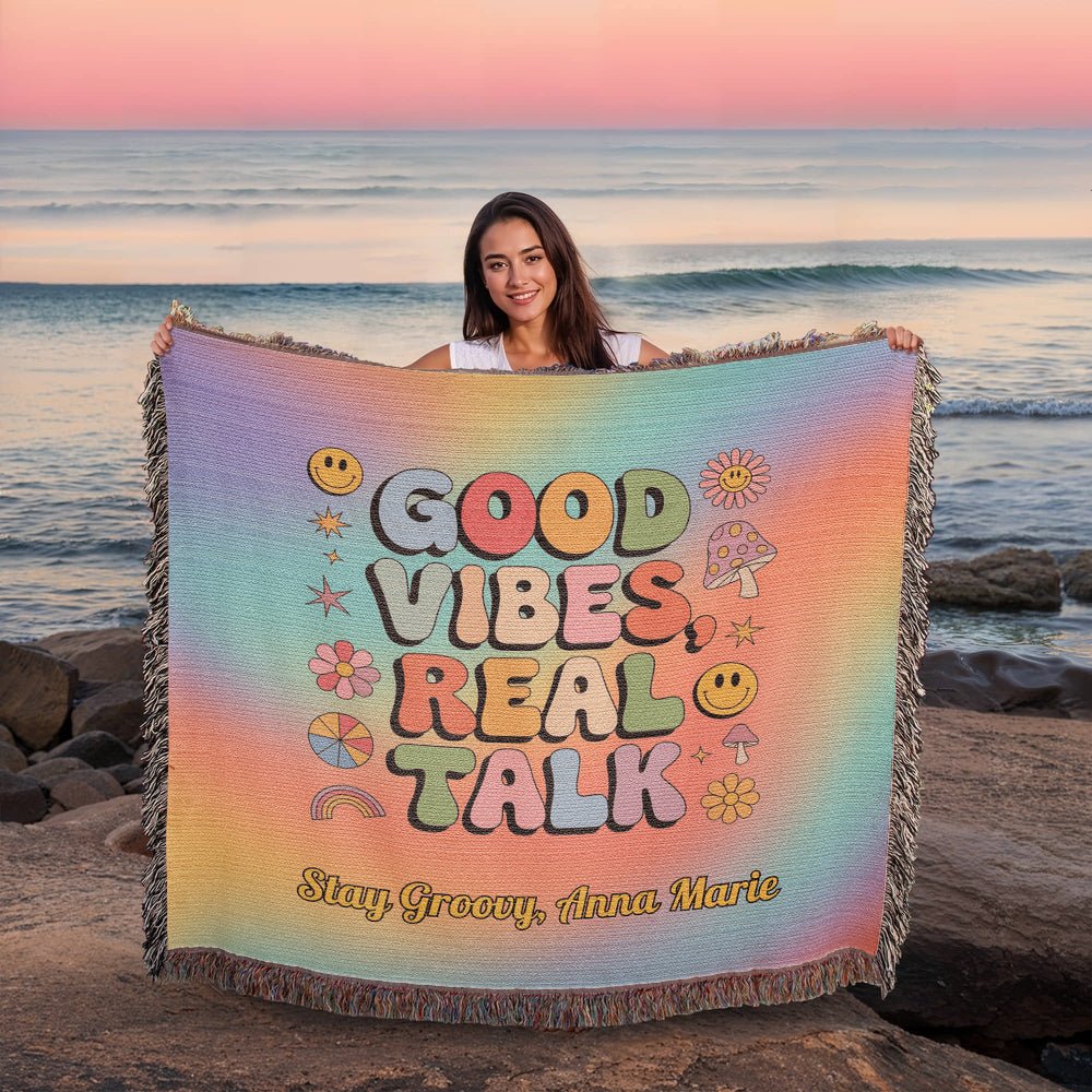 Good Vibes Real Talk - Personalized Woven Blanket, Retro Mental Wellness Throw for Home - MySisterIsASurvivor