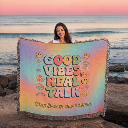 Good Vibes Real Talk - Personalized Woven Blanket, Retro Mental Wellness Throw for Home - MySisterIsASurvivor