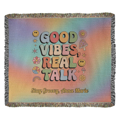 Good Vibes Real Talk - Personalized Woven Blanket, Retro Mental Wellness Throw for Home - MySisterIsASurvivor