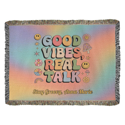 Good Vibes Real Talk - Personalized Woven Blanket, Retro Mental Wellness Throw for Home - MySisterIsASurvivor