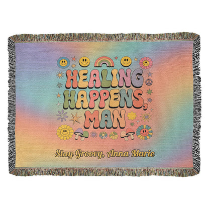 Healing Happens Man Custom Woven Blanket - Personalized Mental Health Throw - MySisterIsASurvivor