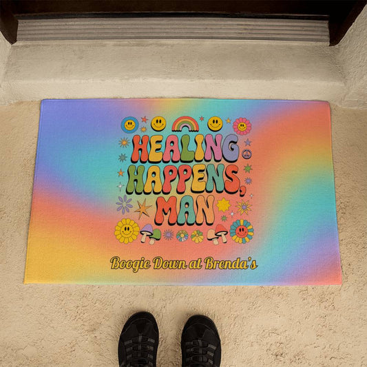 Healing Happens, Man - Personalized 70s Welcome Mat, Retro Entry Rug - MySisterIsASurvivor