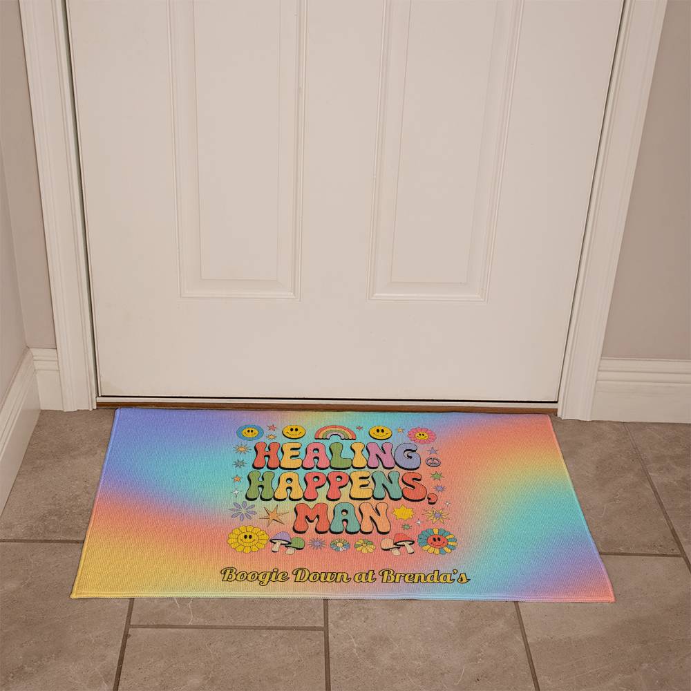 Healing Happens, Man - Personalized 70s Welcome Mat, Retro Entry Rug - MySisterIsASurvivor