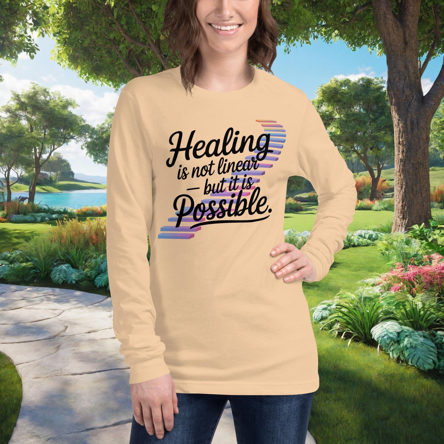Healing Is Not Linear - But It Is Possible Unisex Long Sleeve T-Shirt, Personalized Mental Health Recovery & Emotional Wellness Shirt - MySisterIsASurvivor