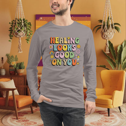 Healing Looks Good on You Long Sleeve Tee - Retro 70s Mental Health Shirt - MySisterIsASurvivor
