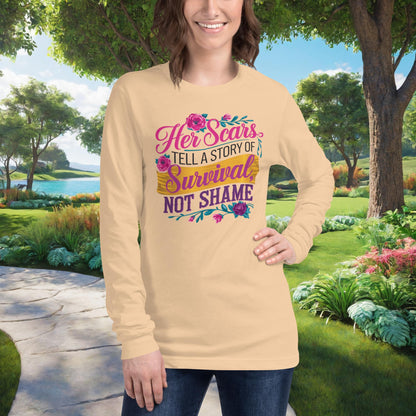Her Scars Tell A Story Of Survival Unisex Long Sleeve T-Shirt, Personalized Empowerment Apparel for Domestic Violence Survivors - MySisterIsASurvivor