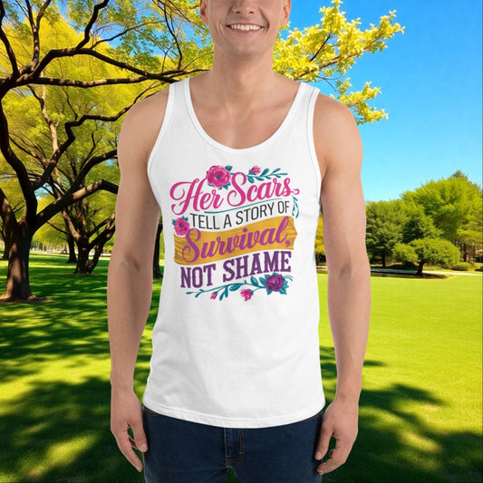 Her Scars Tell a Story of Survival quote unisex tank top, domestic violence survivor gift, and empowerment apparel