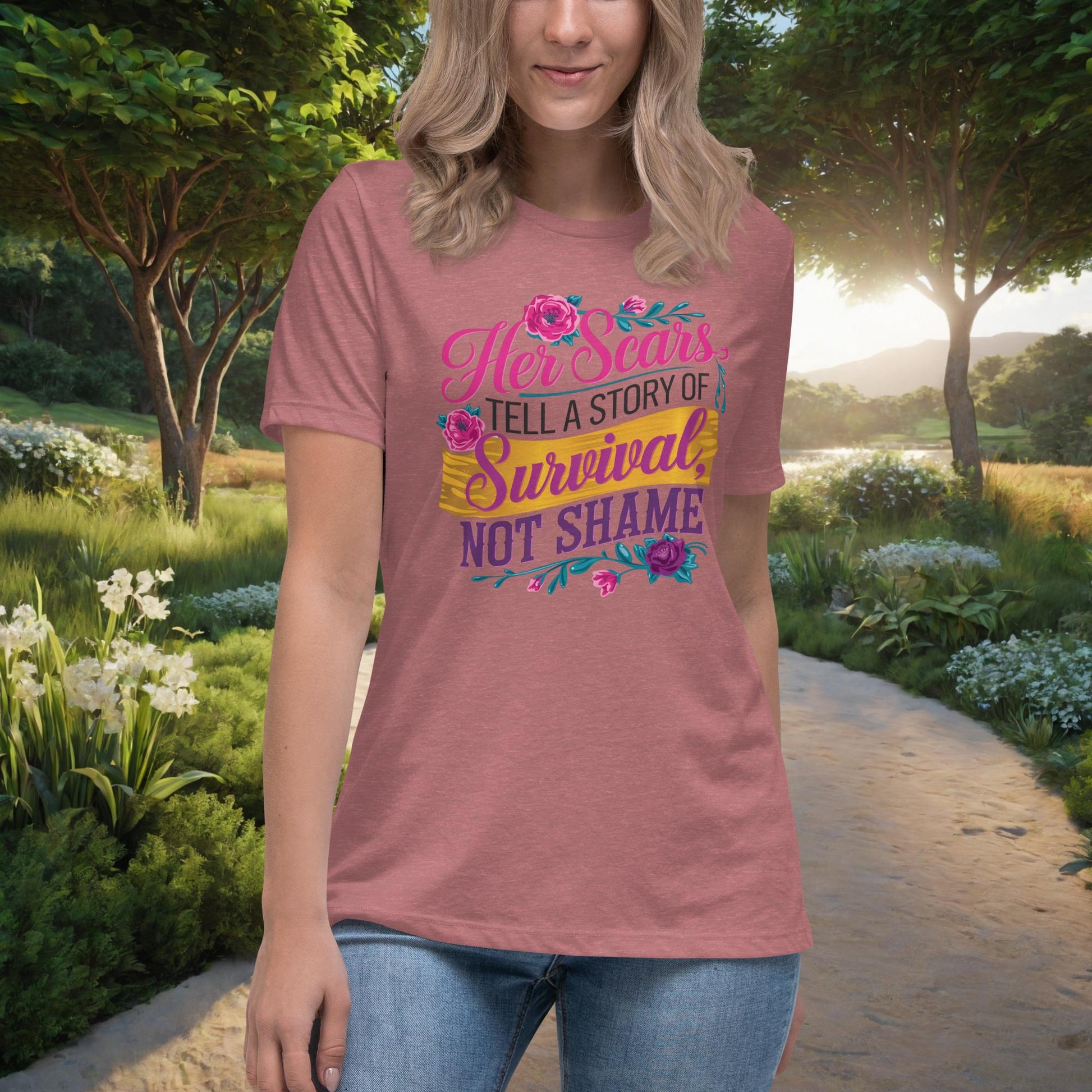 Her Scars Tell A Story Of Survival Women's Relaxed T-Shirt, Personalized Empowerment Shirt for Domestic Violence Survivors - MySisterIsASurvivor