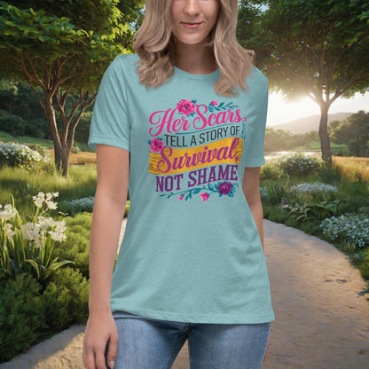 Her Scars Tell A Story Of Survival Women's Relaxed T-Shirt, Personalized Empowerment Shirt for Domestic Violence Survivors - MySisterIsASurvivor