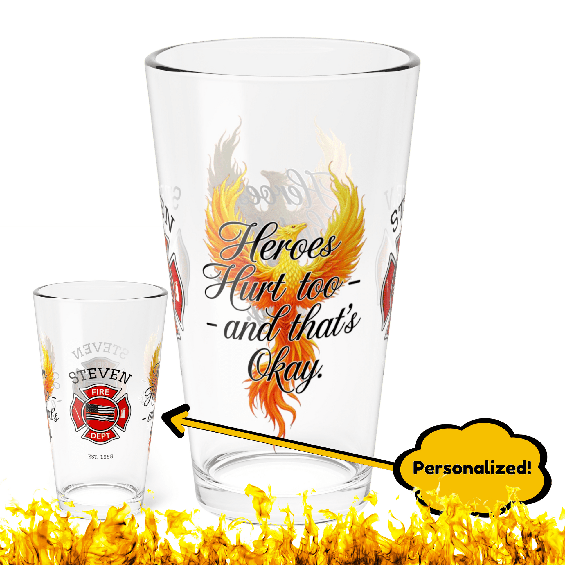 Heroes hurt too – pint glass supporting firefighters carrying hidden emotional battles and stress. - MySisterIsASurvivor