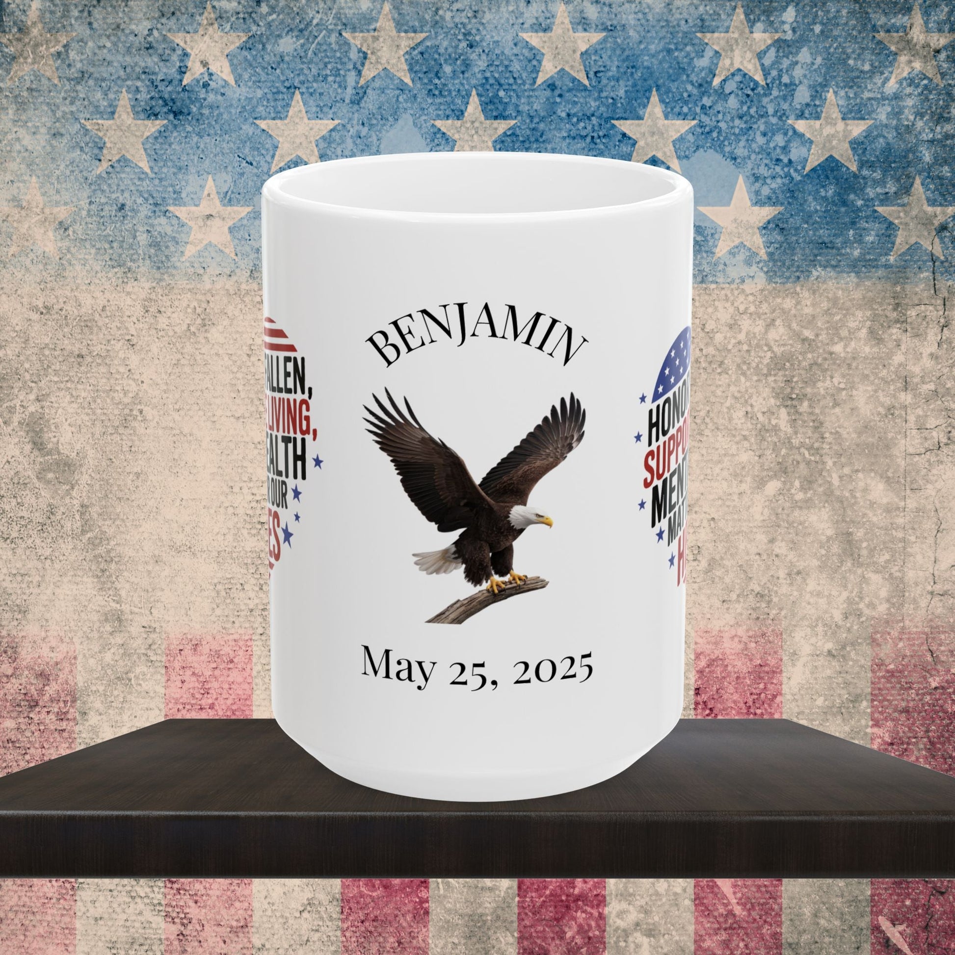 Personalized Memorial Day mug with Honor The Fallen, Support The Living - PTSD awareness, military tribute