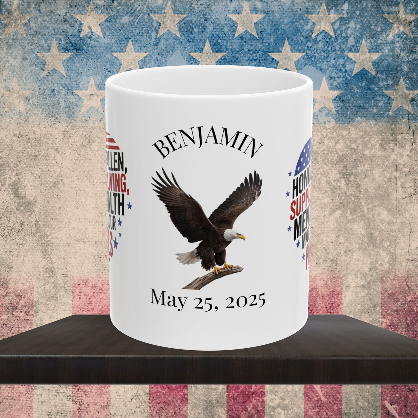 Personalized Memorial Day mug with Honor The Fallen, Support The Living - PTSD awareness, military tribute