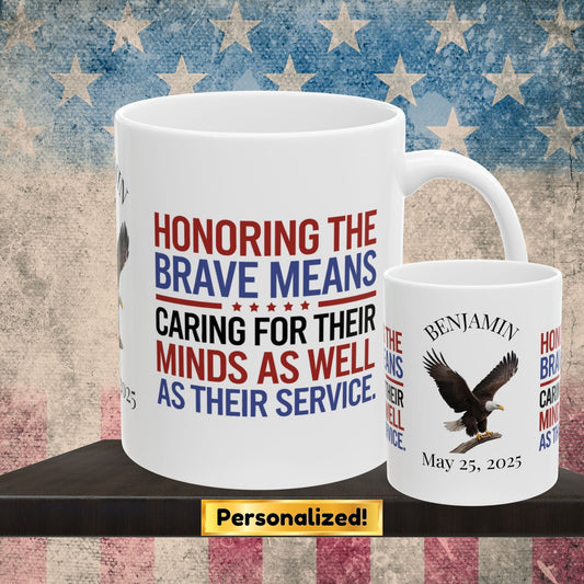 Custom Memorial Day mug with Honoring The Brave - PTSD support, veteran remembrance