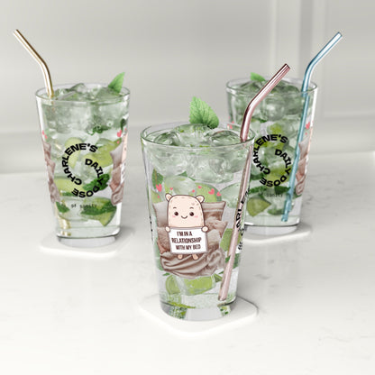 "I’m In A Relationship With My Bed" personalized funny pint glass for cozy moments and relaxation.