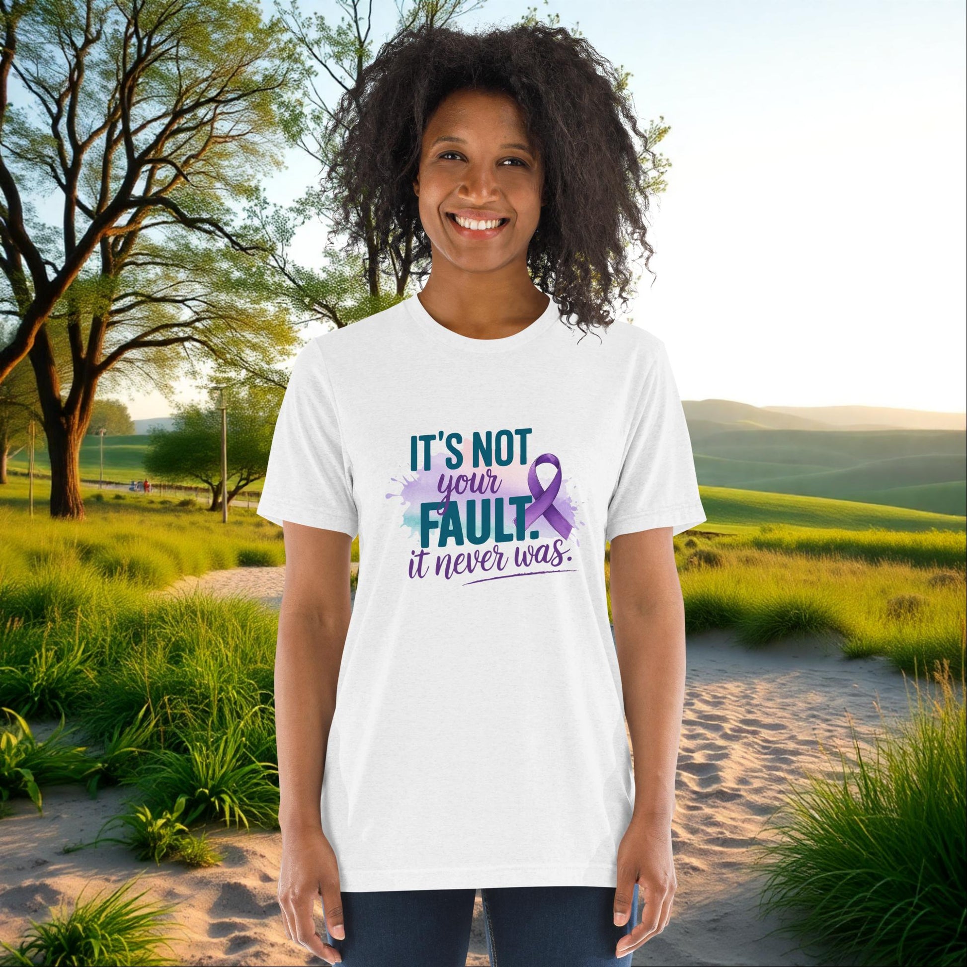 It's Not Your Fault, It Never Was unisex tri-blend t-shirt, personalized emotional abuse awareness and healing apparel