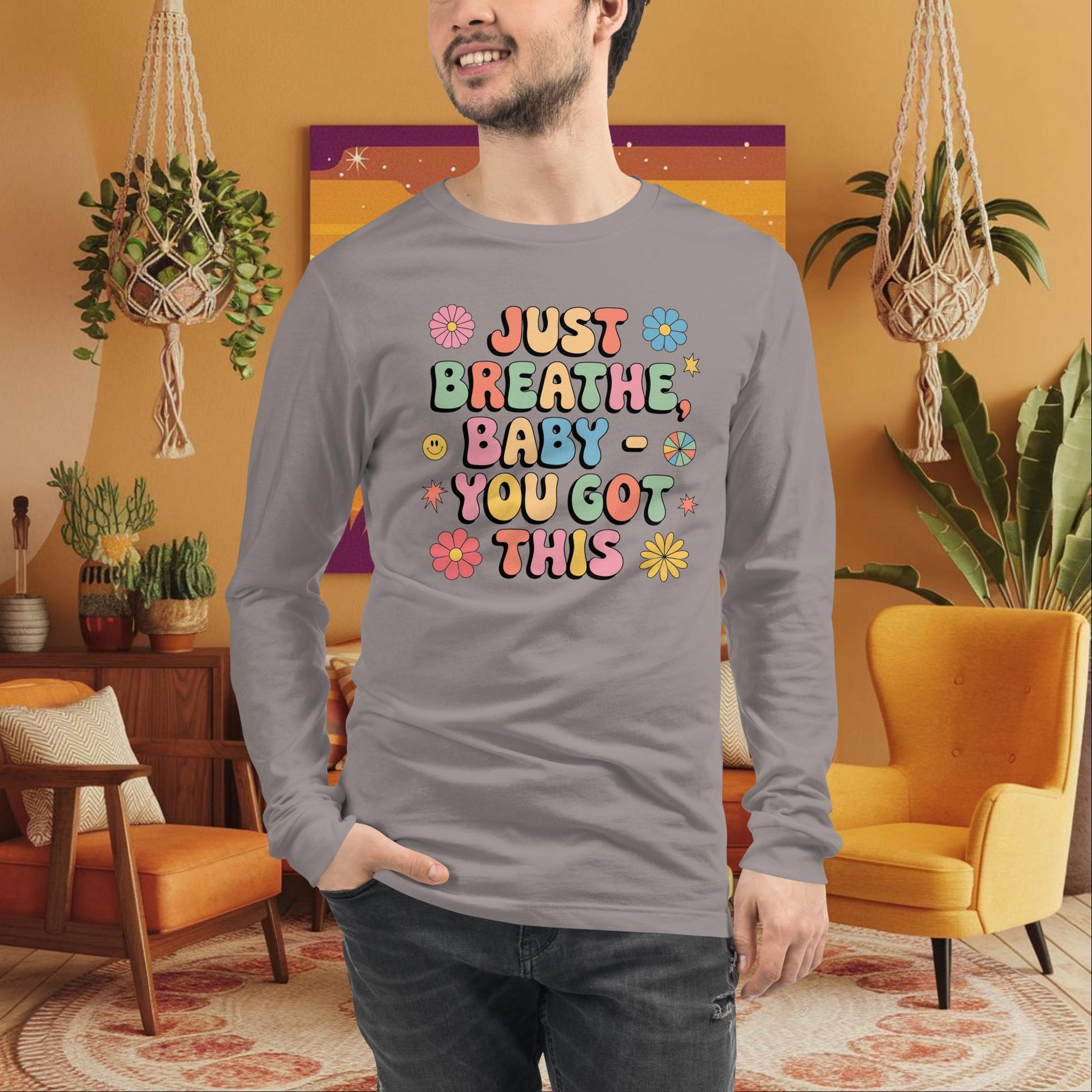 Just Breathe, Baby You Got This Long Sleeve Tee - Retro Mental Health Support Shirt - MySisterIsASurvivor
