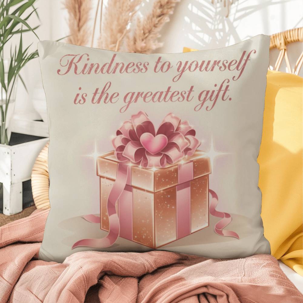 Kindness to Yourself Is the Greatest Gift pillow for self-care, mental health, and mindfulness