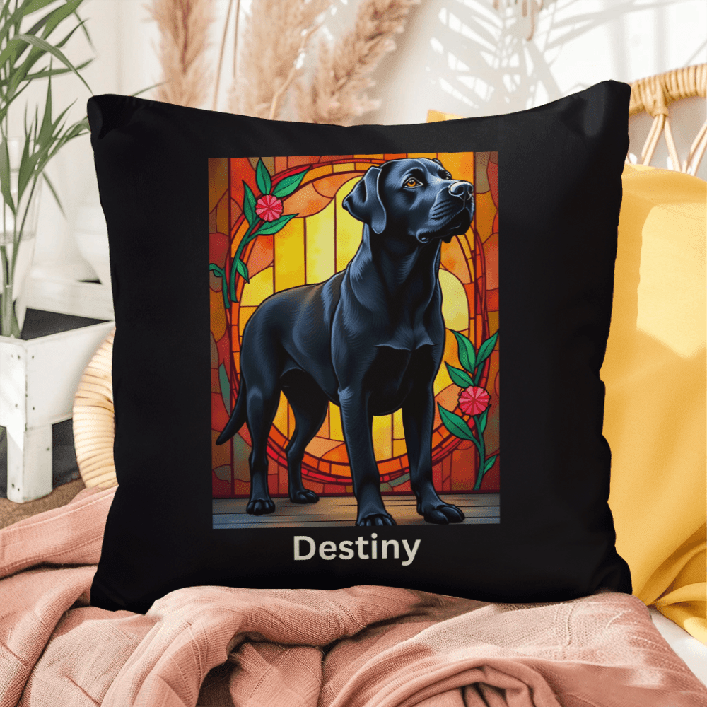 Black Labrador Retriever Stained Glass Pillow, personalized indoor/outdoor dog art