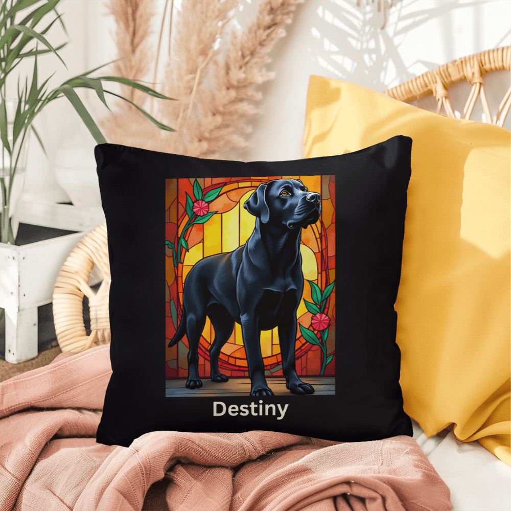 Black Labrador Retriever Stained Glass Pillow, personalized indoor/outdoor dog art