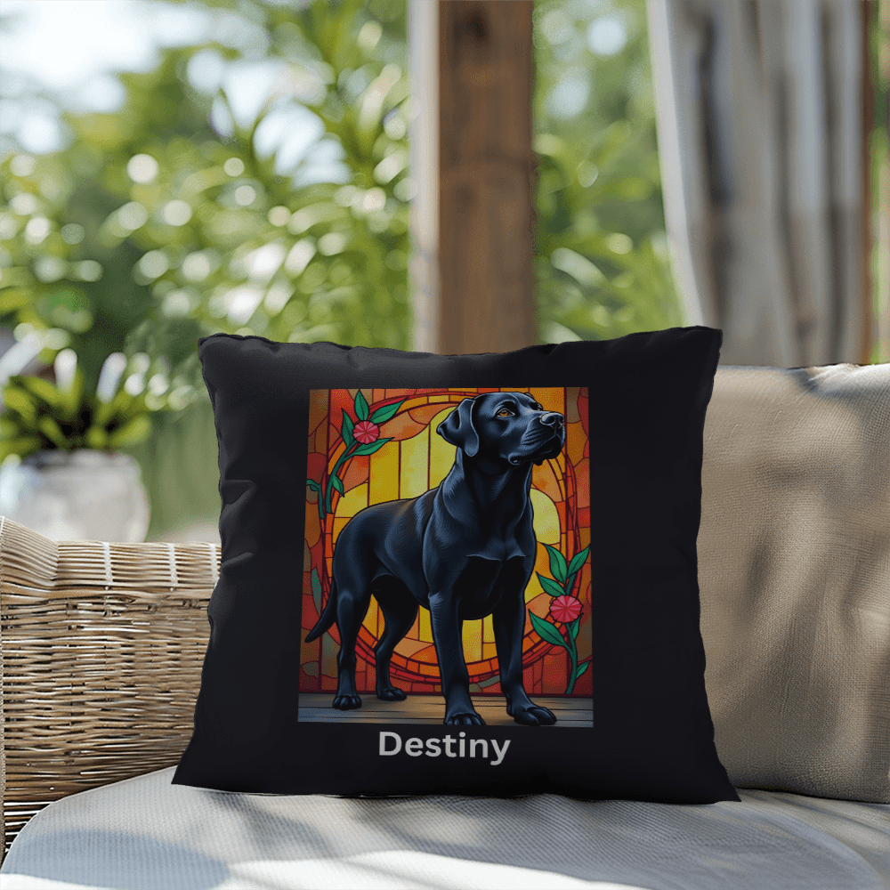 Black Labrador Retriever Stained Glass Pillow, personalized indoor/outdoor dog art