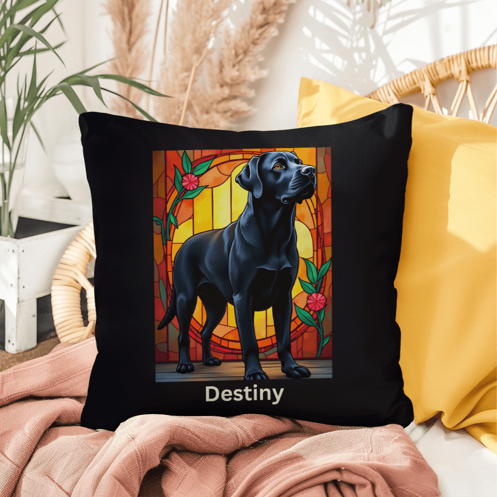 Black Labrador Retriever Stained Glass Pillow, personalized indoor/outdoor dog art