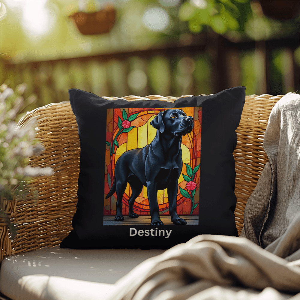 Black Labrador Retriever Stained Glass Pillow, personalized indoor/outdoor dog art