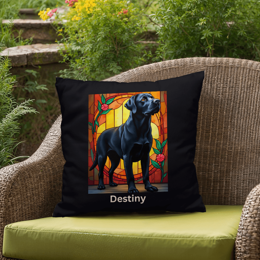 Black Labrador Retriever Stained Glass Pillow, personalized indoor/outdoor dog art