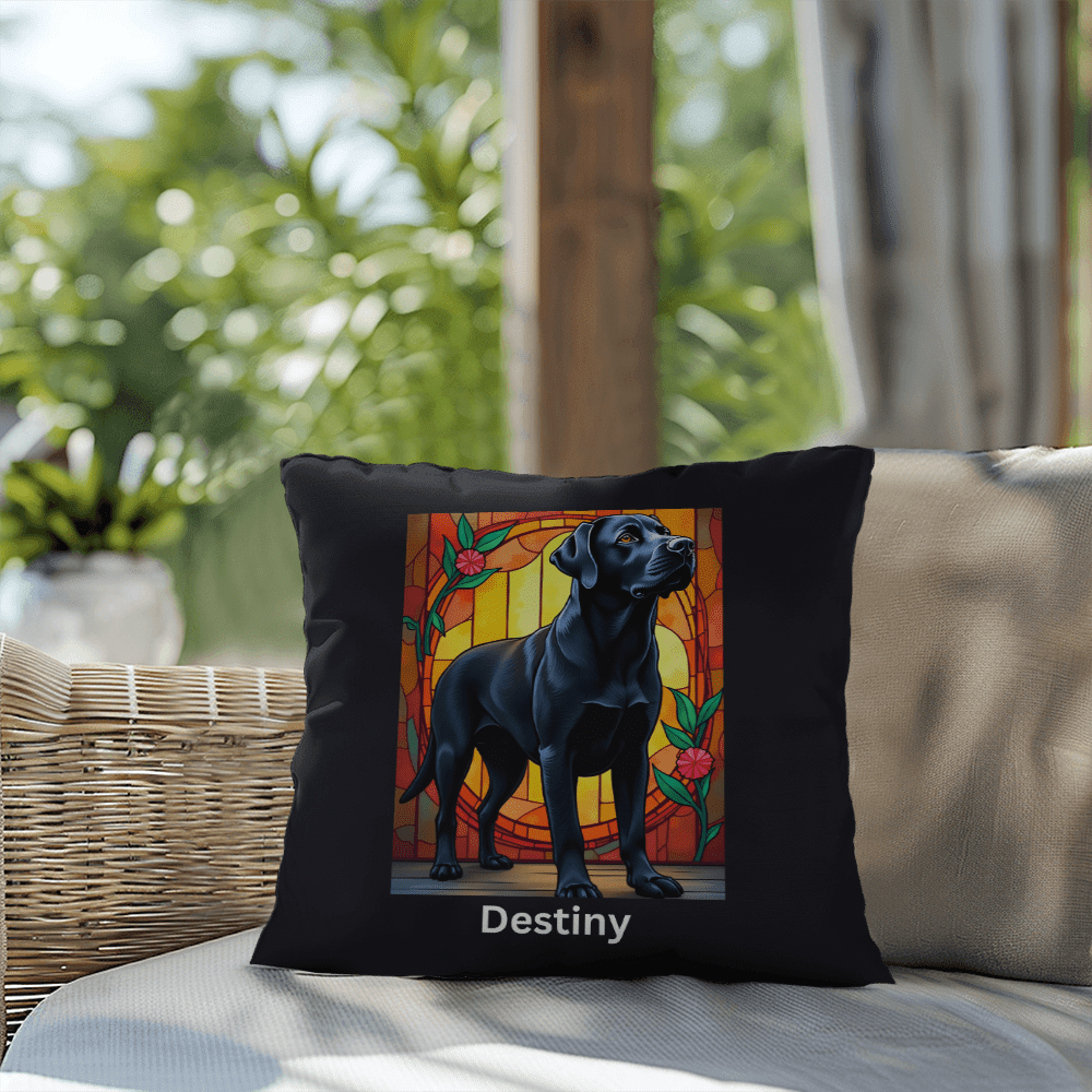 Black Labrador Retriever Stained Glass Pillow, personalized indoor/outdoor dog art