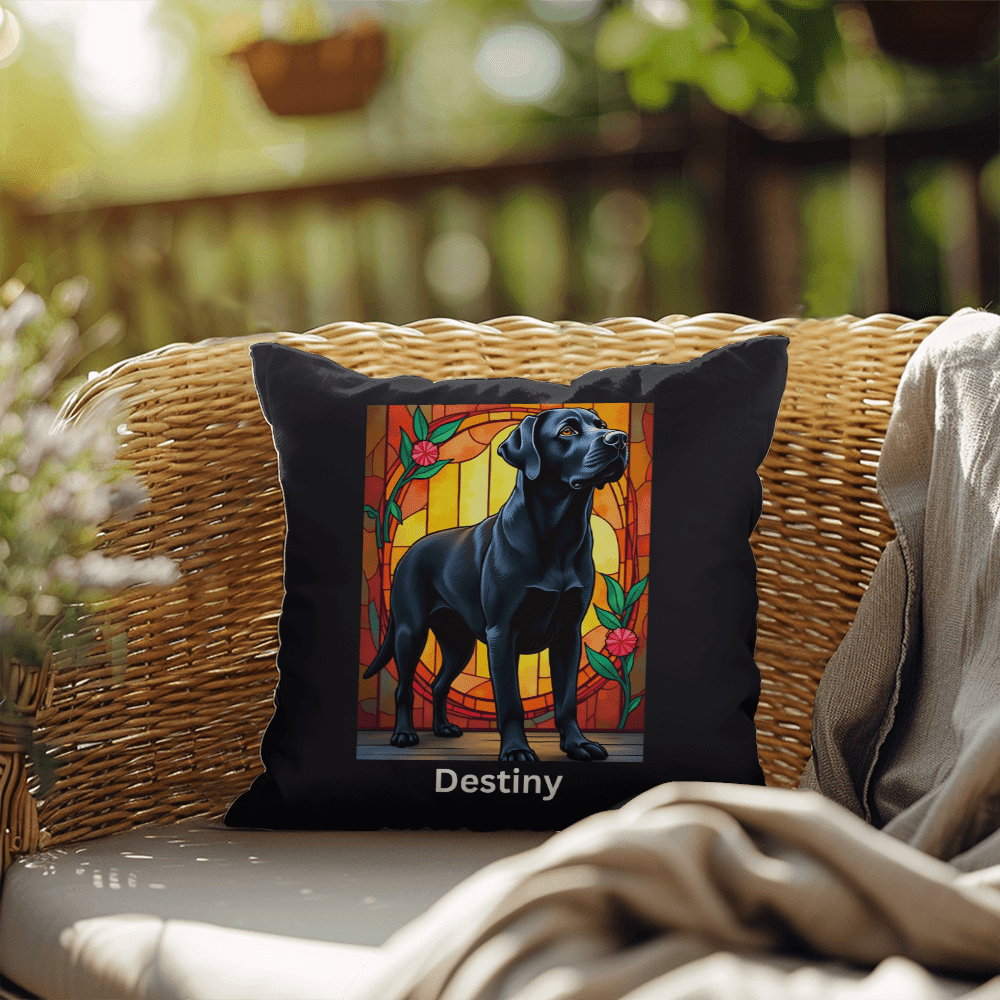 Black Labrador Retriever Stained Glass Pillow, personalized indoor/outdoor dog art