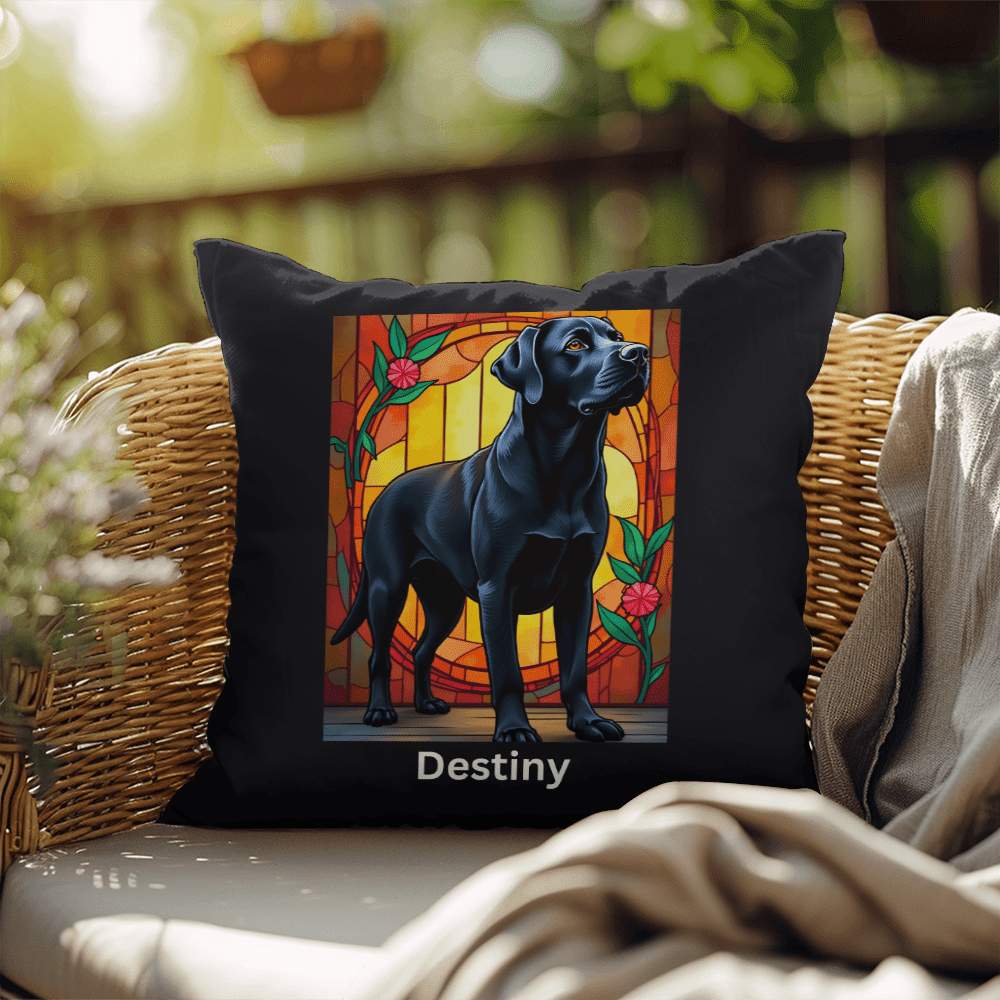 Black Labrador Retriever Stained Glass Pillow, personalized indoor/outdoor dog art
