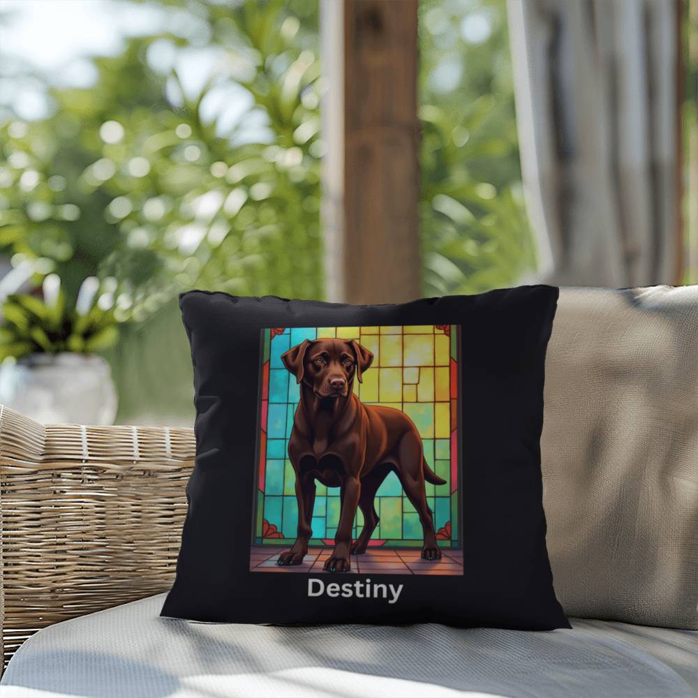 Chocolate Labrador Retriever Pillow, custom stained glass art for indoor/outdoor décor