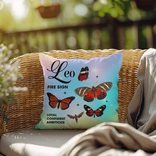 Shop our leo butterfly indoor outdoor pillow featuring the 18" x 18" style option from MySisterIsASurvivor.