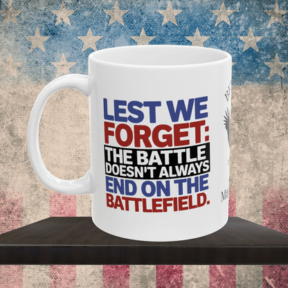Custom Memorial Day mug with Lest We Forget - military tribute, PTSD support, veteran honor