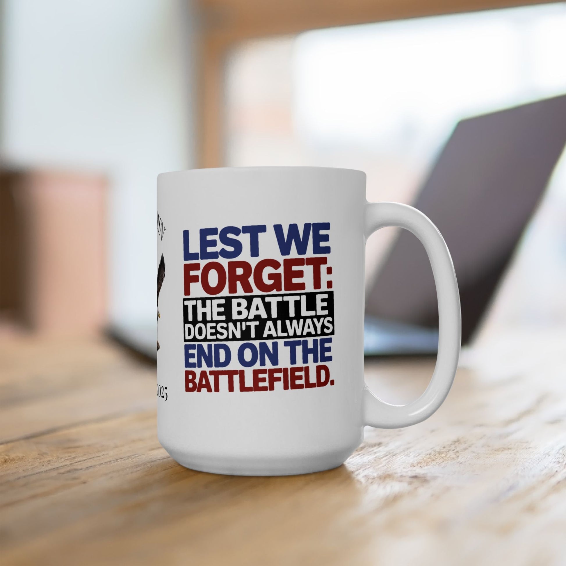 Custom Memorial Day mug with Lest We Forget - military tribute, PTSD support, veteran honor
