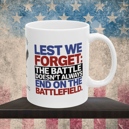 Custom Memorial Day mug with Lest We Forget - military tribute, PTSD support, veteran honor