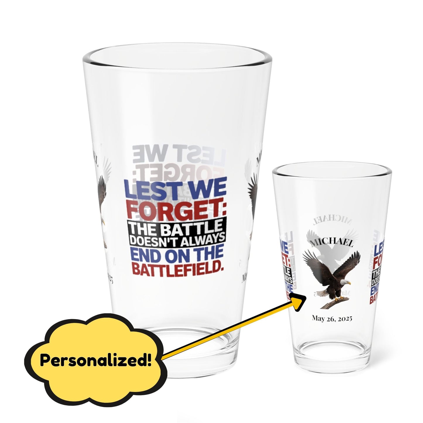 Lest We Forget pint glass with engraved message - personalized Memorial Day glass for military honor