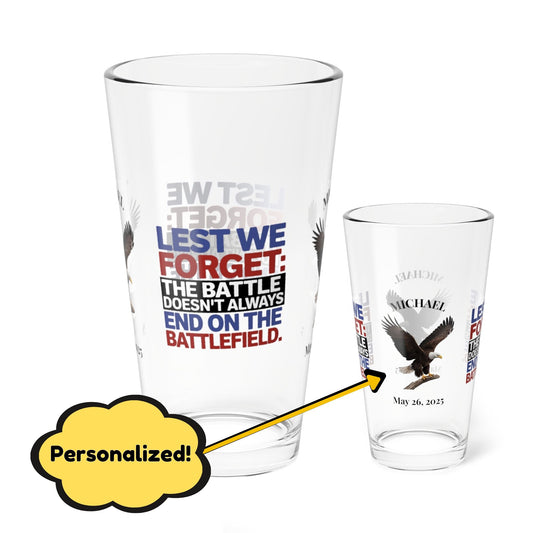 Lest We Forget pint glass with engraved message - personalized Memorial Day glass for military honor