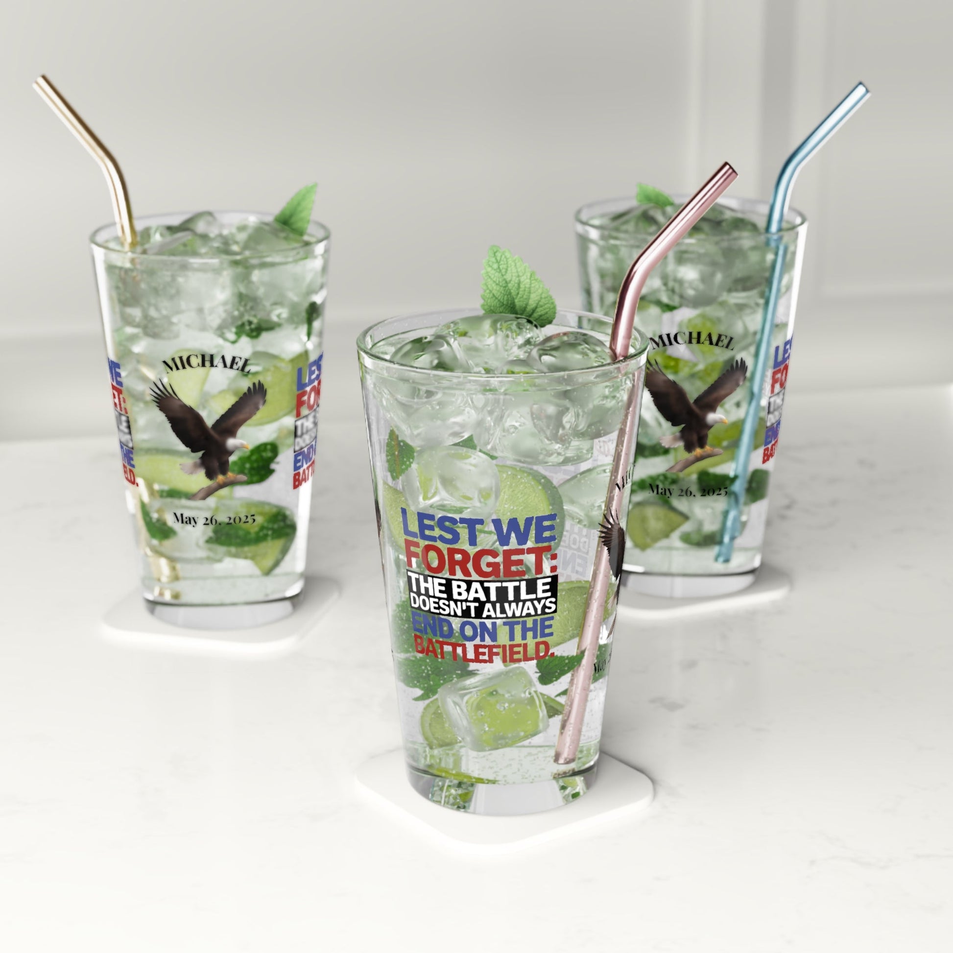 Lest We Forget pint glass with engraved message - personalized Memorial Day glass for military honor