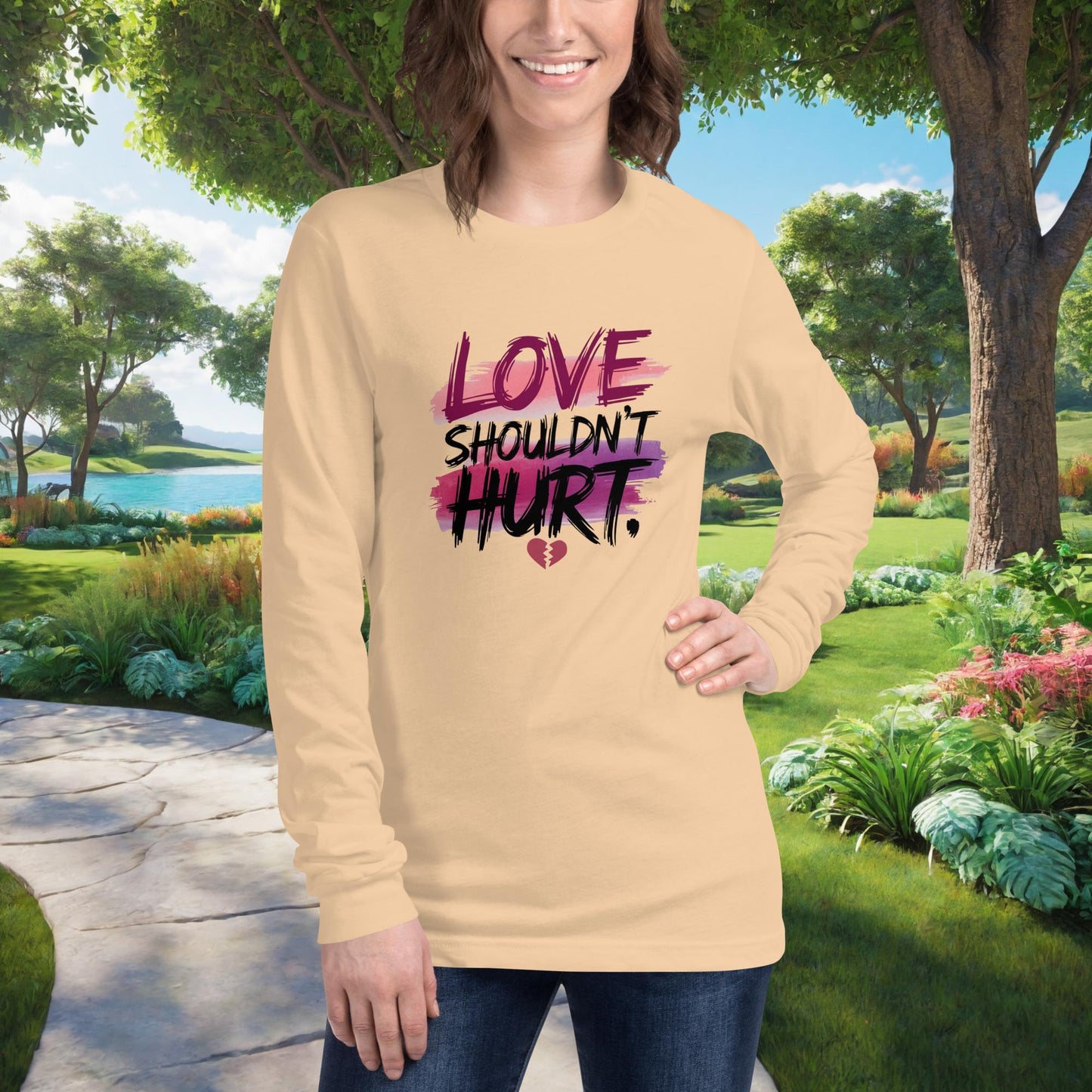 Love Shouldn't Hurt Unisex Long Sleeve T-Shirt, Personalized Domestic Violence Awareness Shirt for Support & Emotional Healing - MySisterIsASurvivor