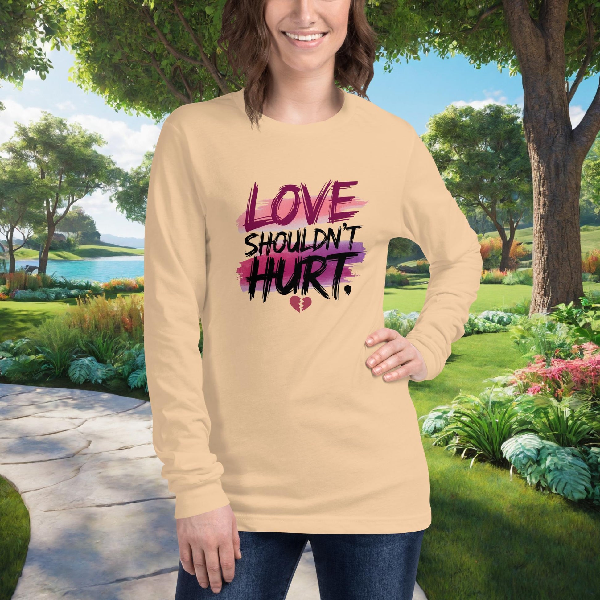 Love Shouldn't Hurt Unisex Long Sleeve T-Shirt, Personalized Domestic Violence Awareness Shirt for Support & Emotional Healing - MySisterIsASurvivor