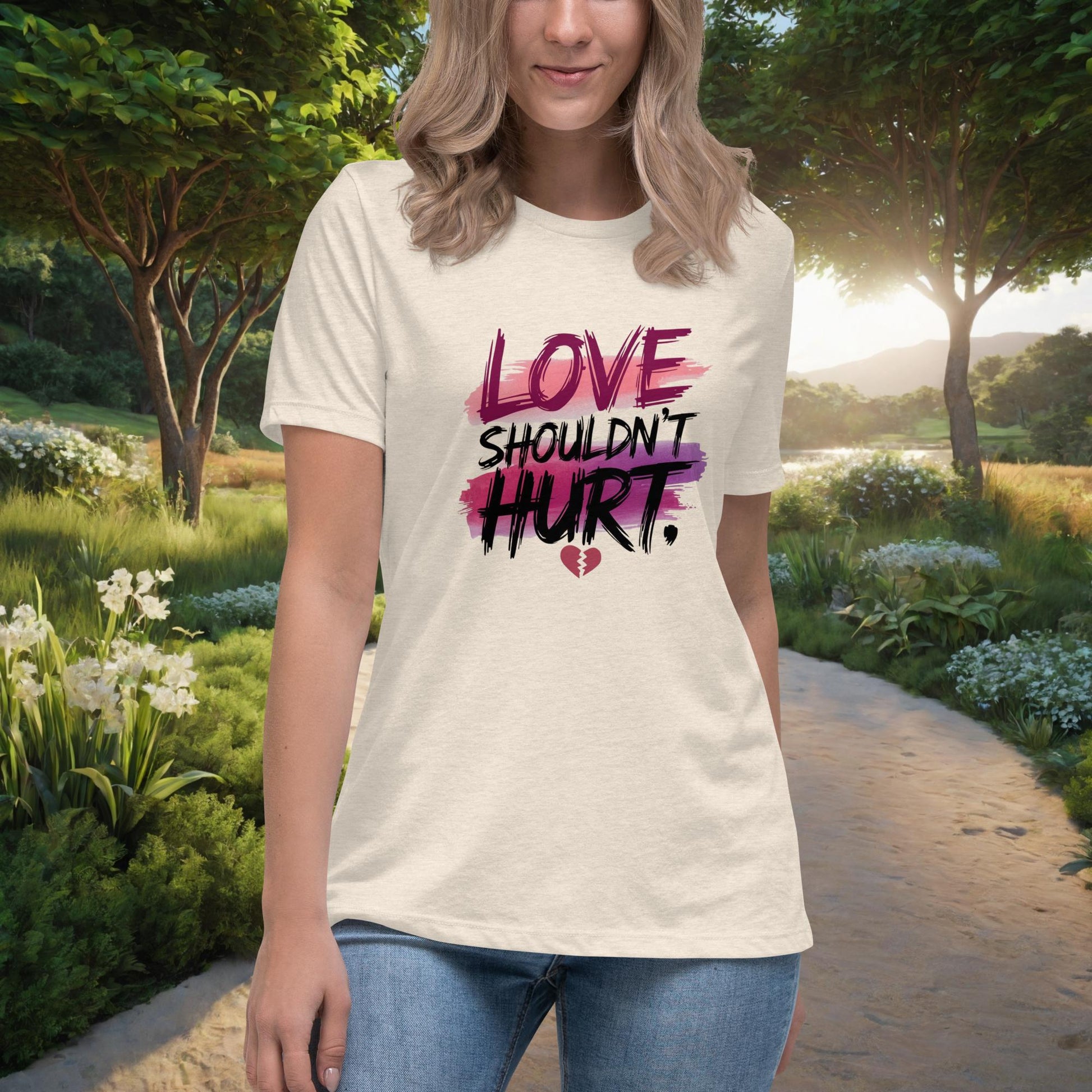 Love Shouldn't Hurt Women's Relaxed T-Shirt, Personalized Domestic Abuse Awareness & Survivor Support Shirt - MySisterIsASurvivor